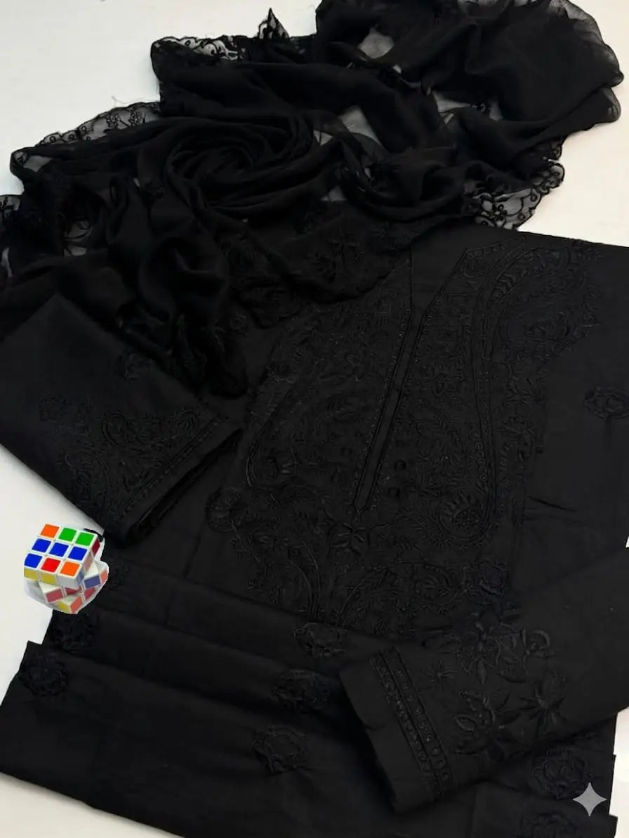 3 Pcs Women's Unstitched Chikankari Embroidered Suit - image 3