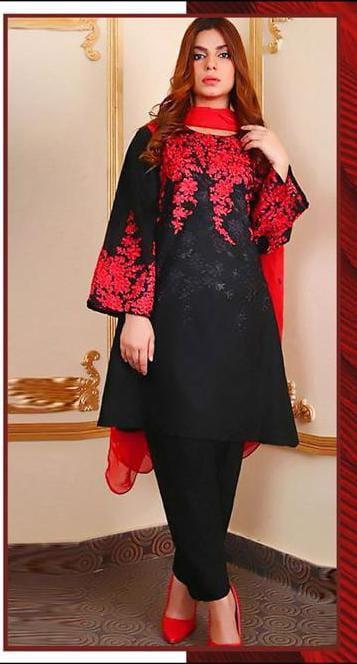 Black Red Embroidered 2-Piece Women's Suit - image 3