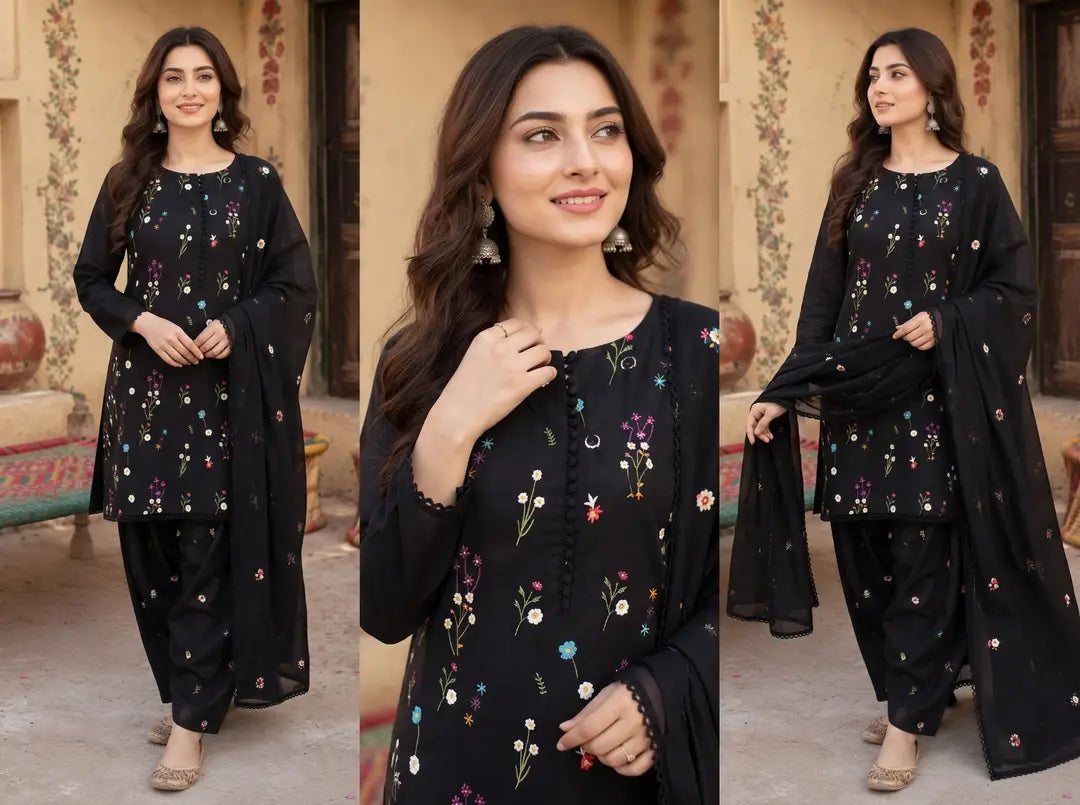 3 Pcs Women's Unstitched Embroidered Suit - Dhanak Black - image 1