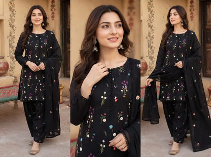 3 Pcs Women's Unstitched Embroidered Suit - Dhanak Black - image 1