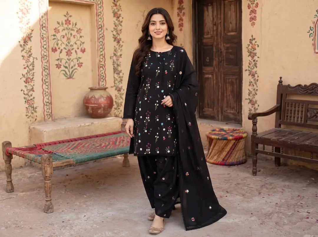 3 Pcs Women's Unstitched Embroidered Suit - Dhanak Black - image 2