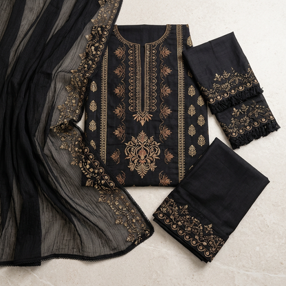 Black Embroidered 3-Piece Women's Lawn Suit with Bamber Dupatta - image 1